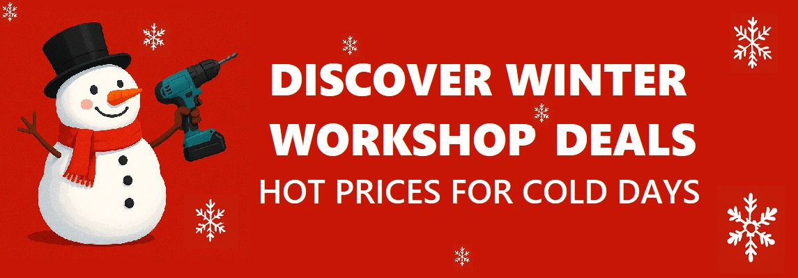 Xcat winter workshop deals banner featuring a snowman holding a cordless drill with snowflakes on a red background.
